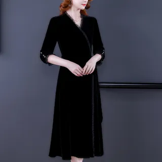 【ALICAI 艾麗彩】日式Y透膚黑邊領綁結黑絲絨洋裝(M-2XL)