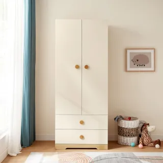 【hoi! 好好生活】林氏木業簡約原木色雙門對開雙抽兒童衣櫃 DE3D-原木色+白色