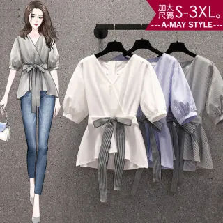 【Amay Style 艾美時尚】現貨 中大尺碼女裝 女上衣 修身V領蝴蝶結繫帶上衣。S-3XL