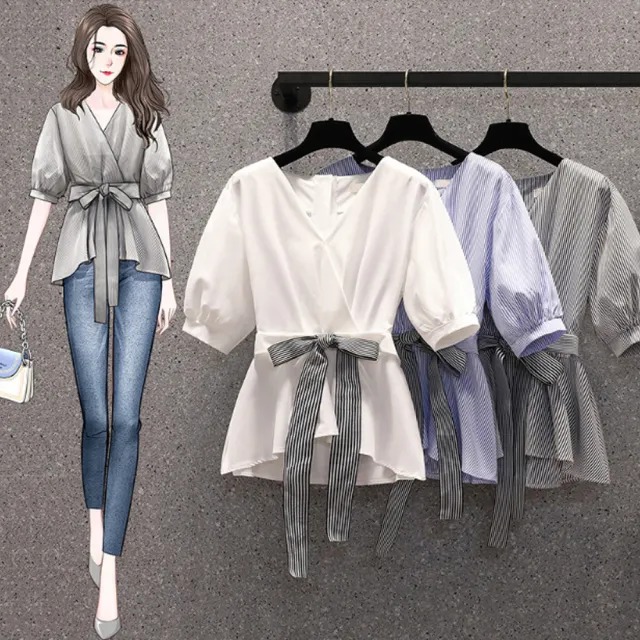 【Amay Style 艾美時尚】現貨 中大尺碼女裝 女上衣 修身V領蝴蝶結繫帶上衣。S-3XL