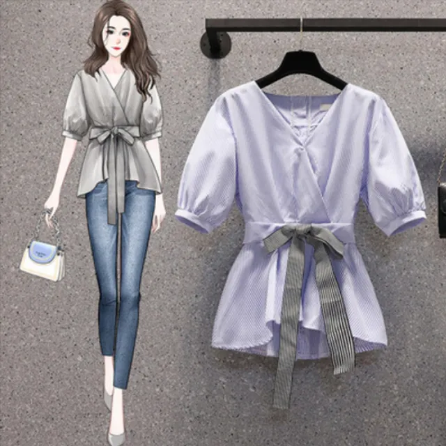 【Amay Style 艾美時尚】現貨 中大尺碼女裝 女上衣 修身V領蝴蝶結繫帶上衣。S-3XL
