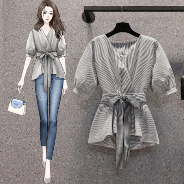 【Amay Style 艾美時尚】現貨 中大尺碼女裝 女上衣 修身V領蝴蝶結繫帶上衣。S-3XL