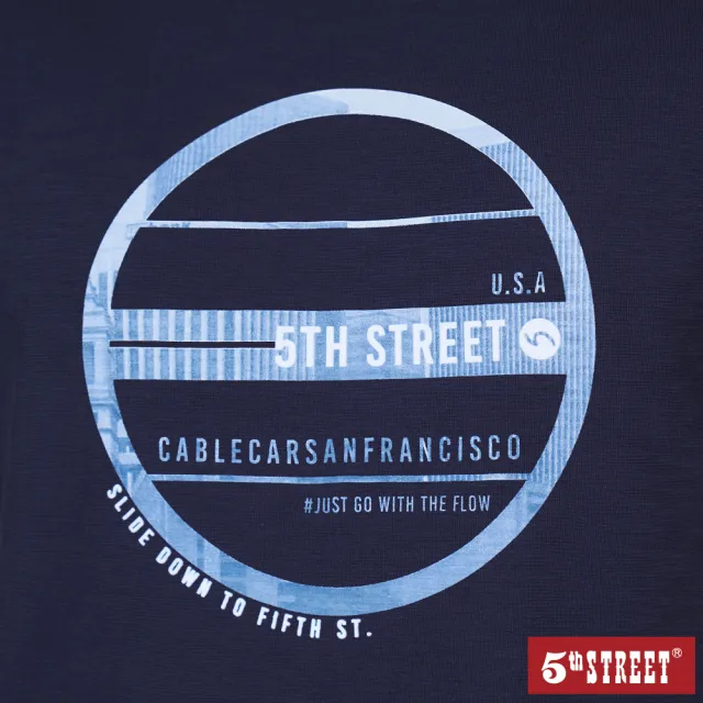 【5th STREET】男裝 短t 短袖 上衣 t恤 TEE 叮叮車圓盤 圖案 棉質 藍(570910)