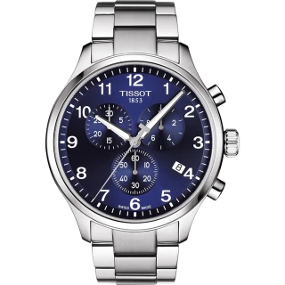 【TISSOT 天梭】韻馳系列 Chrono XL三眼計時手錶-藍x銀/45mm 送行動電源(T1166171104701)