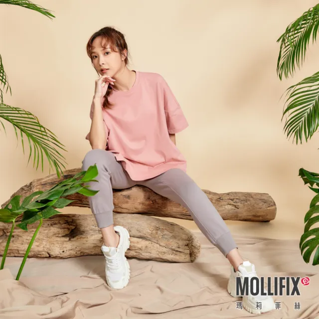 【Mollifix 瑪莉菲絲】寬版不規則下擺短袖上衣、瑜珈上衣、瑜珈服(粉)
