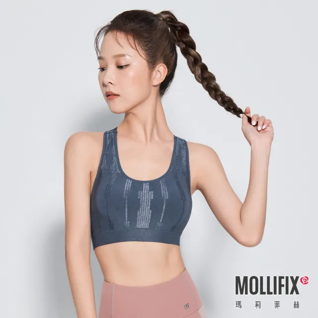 【Mollifix 瑪莉菲絲】A++ 微光LOGO肩帶浮托BRA、瑜珈服、無鋼圈、運動內衣(暗夜藍)