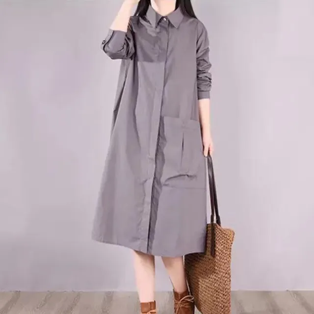 【ACheter】韓版寬鬆簡約大口袋單排扣休閒純色長版襯衫#111258現貨+預購(3色)