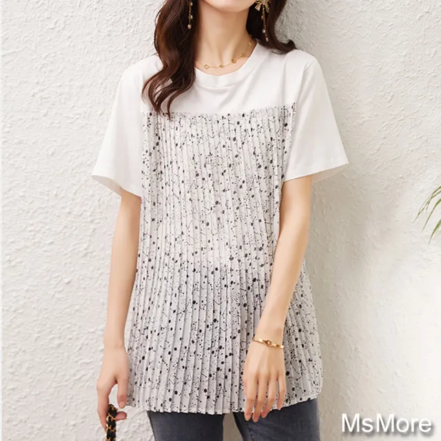 【MsMore】韓國拼接碎花T壓褶雪紡上衣#109865(白色)