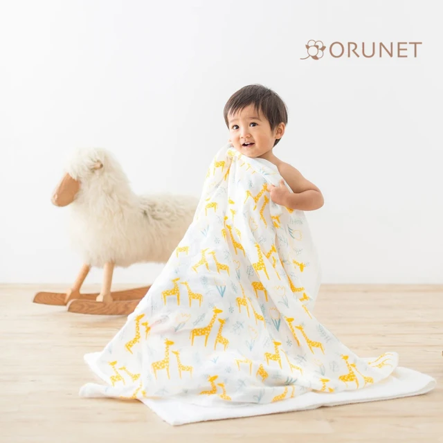 【Orunet】花園長頸鹿三層紗紗布巾(藍色/粉紅色/黃色)