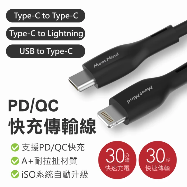 多功能USB-C to Type-C快速充電傳輸線(MeetMind  蘋果充電 手機 平板 相容性高)