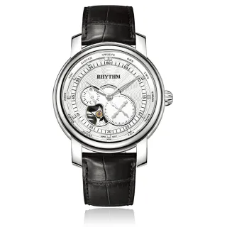 【RHYTHM 麗聲】時尚商務分鐘印紋半鏤空自動機械腕錶(白/真皮錶帶)