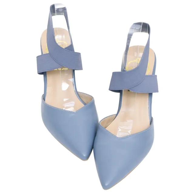 【Ann’S】芭蕾造型-寬版鬆緊繫帶V口綿羊皮尖頭細跟鞋8cm(藍)