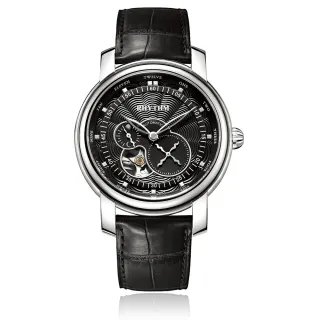 【RHYTHM 麗聲】時尚商務分鐘印紋半鏤空自動機械腕錶(黑/真皮錶帶)