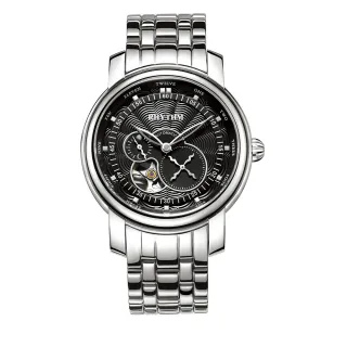 【RHYTHM 麗聲】時尚商務分鐘印紋半鏤空自動機械腕錶(黑/不鏽鋼錶帶)