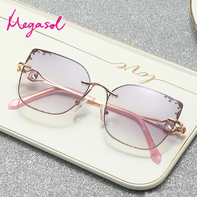 【MEGASOL】UV400抗UV濾藍光眼鏡時尚女仕大框手機眼鏡(水鑽亮片貓眼矩方框GD-1504-多色選)