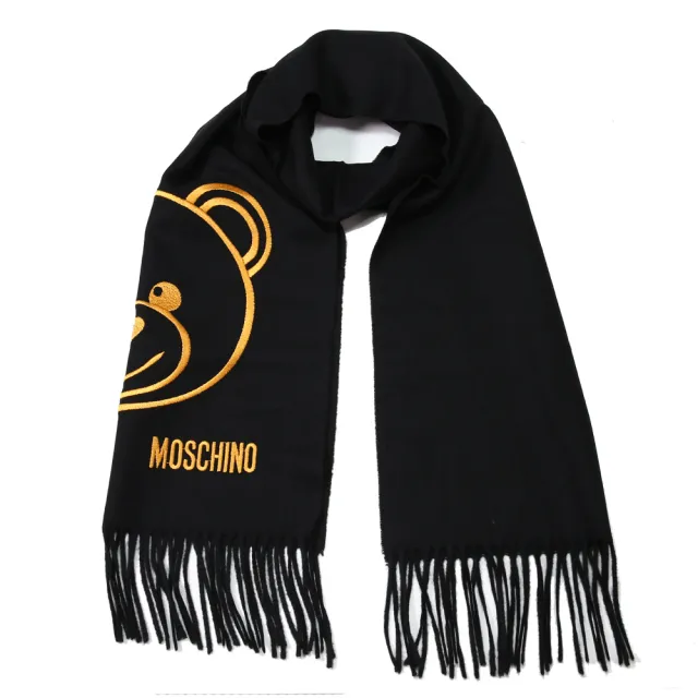 【MOSCHINO】泰迪熊臉純羊毛寬版流蘇圍巾(016 黑色)