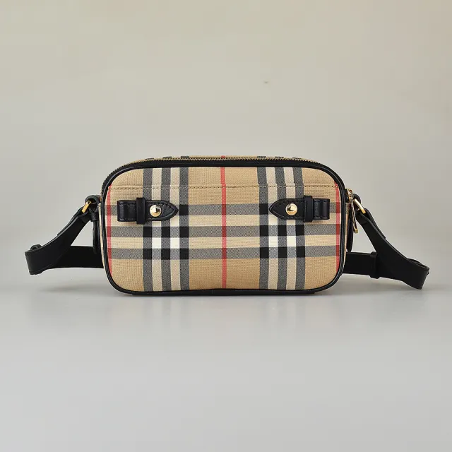 【BURBERRY 巴寶莉】Burberry VINTAGE 格紋帆布皮革背帶雙拉鍊斜背胸背包(米x黑)