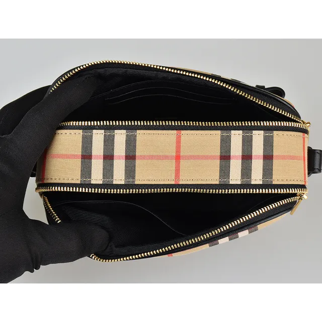 【BURBERRY 巴寶莉】Burberry VINTAGE 格紋帆布皮革背帶雙拉鍊斜背胸背包(米x黑)