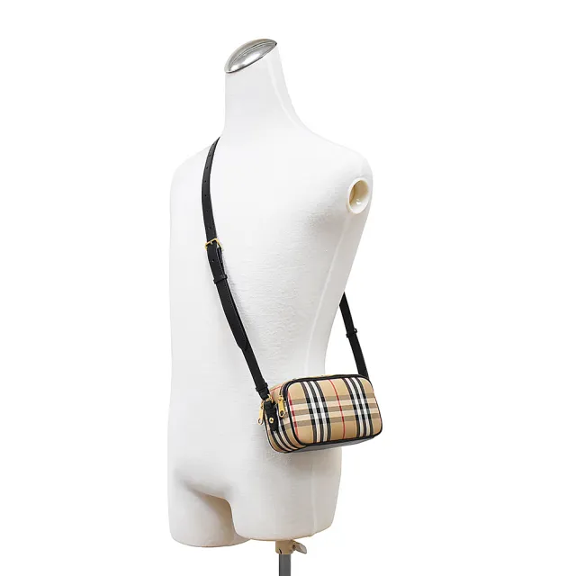 【BURBERRY 巴寶莉】Burberry VINTAGE 格紋帆布皮革背帶雙拉鍊斜背胸背包(米x黑)