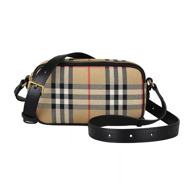 【BURBERRY 巴寶莉】Burberry VINTAGE 格紋帆布皮革背帶雙拉鍊斜背胸背包(米x黑)