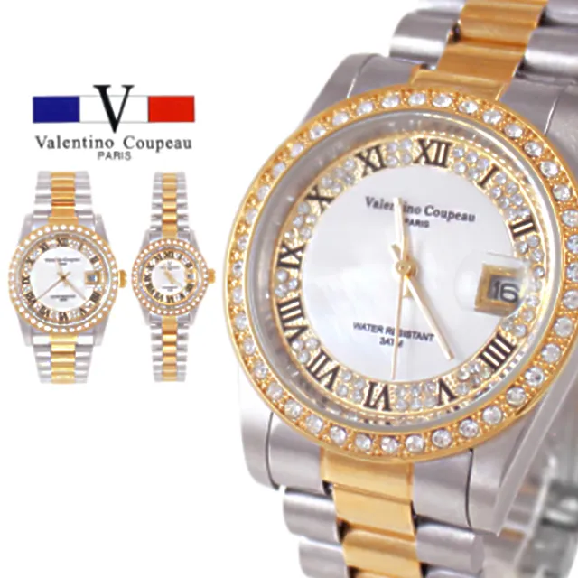 【Valentino Coupeau】圈鑽羅馬數字金銀不鏽鋼殼帶男女錶-e(范倫鐵諾 古柏 VCC)