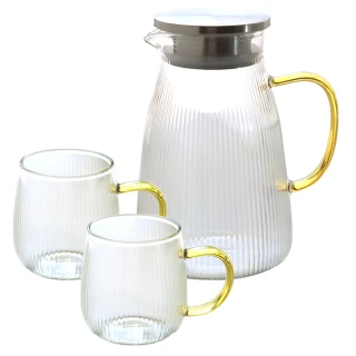 【Just Home】清透感線條耐熱玻璃一壺2杯組 茶壺+馬克杯(玻璃杯、耐熱玻璃)