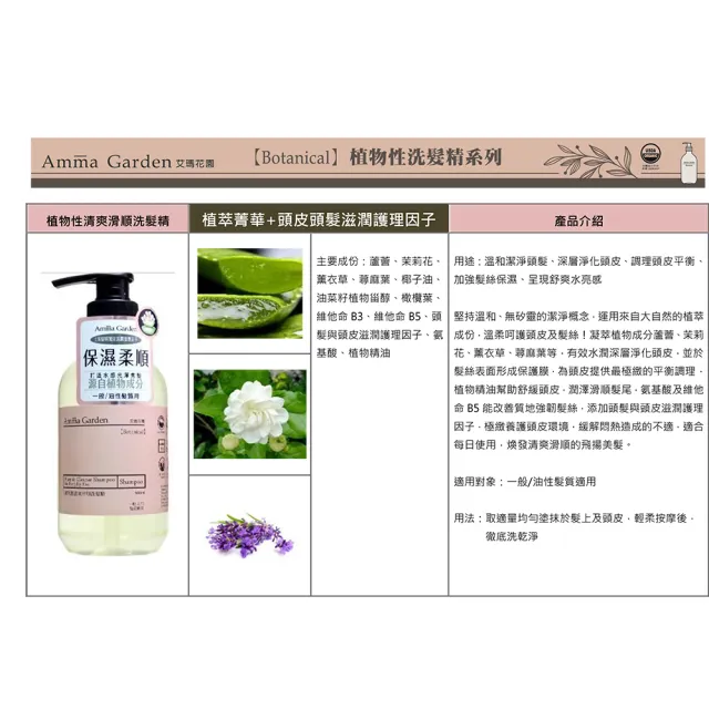 【Amma garden 艾瑪花園】植物性洗髮精500ml x4入任選(水潤豐盈/受損護理/清爽滑順)