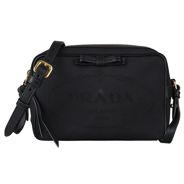 PRADA 普拉達 PRADA黑字LOGO蝴蝶結設計帆布牛皮飾邊拉鍊斜背包(黑)