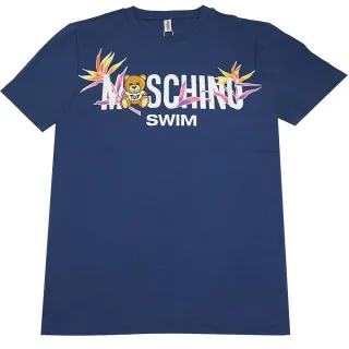 【MOSCHINO】品牌英文LOGO泰迪熊夏日風個性棉短T恤(藍)