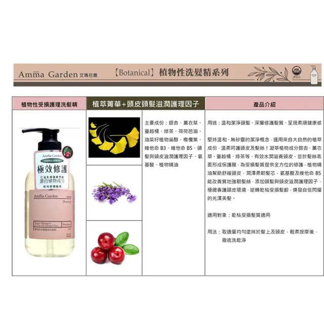 【Amma garden 艾瑪花園】植物性洗髮精500ml x2入任選(水潤豐盈/受損護理/清爽滑順)