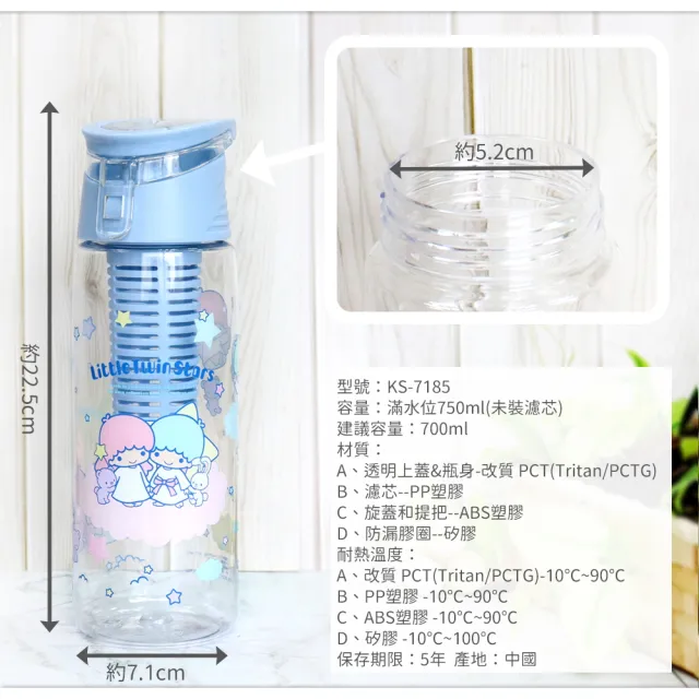 【SANRIO 三麗鷗】Little Twin Stars雙子星TRITAN 沁漾隨身水瓶 KS-7185TS(750ml 活動式濾芯 SGS檢測認證)