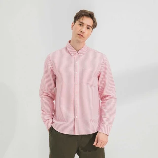 【Hang Ten】男裝-口袋長袖襯衫-粉紅