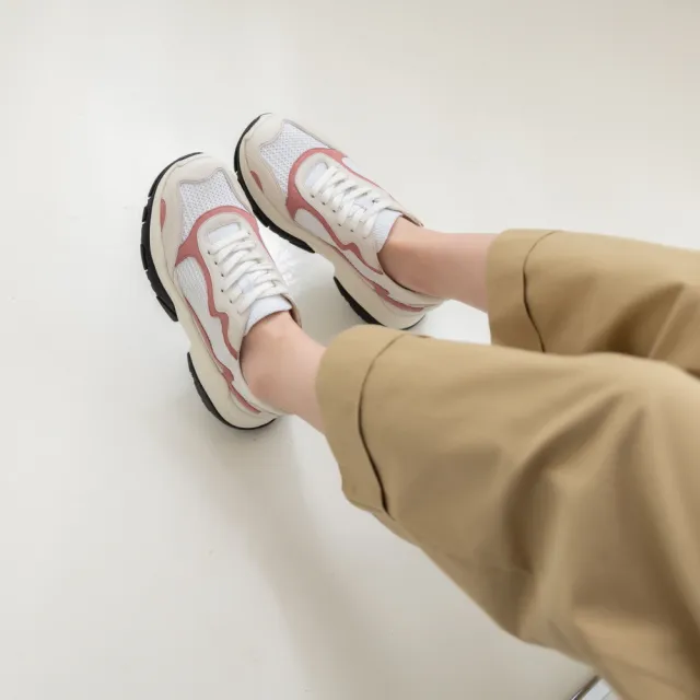 【WYPEX】針織真皮透氣增高粉色老爹鞋女厚底鞋(增高7公分)