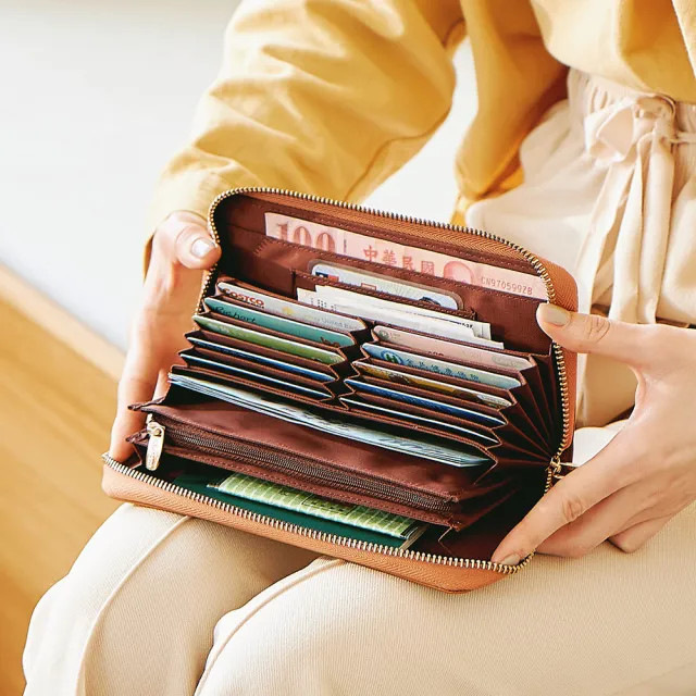 【CHENSON】真皮 12卡風琴卡層包覆式長夾 零錢包 錢包 咖(W21425-B)