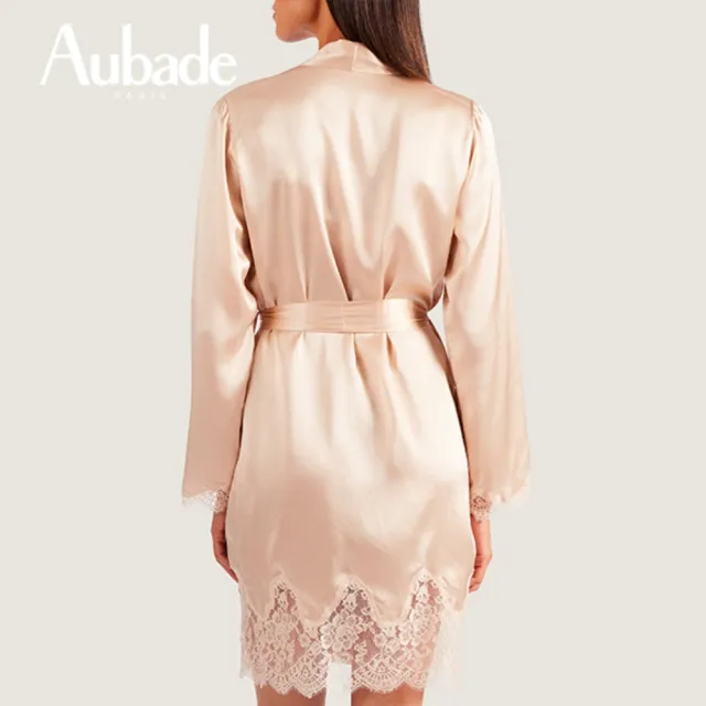【Aubade】愛的絲綢長袖膝上外袍 蠶絲蕾性感絲睡衣 女睡衣 法國進口居家服-MS(金膚)