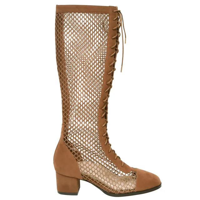 【Ann’S】狩獵風格-異材質拼接絨質網狀綁帶長靴5cm(棕)