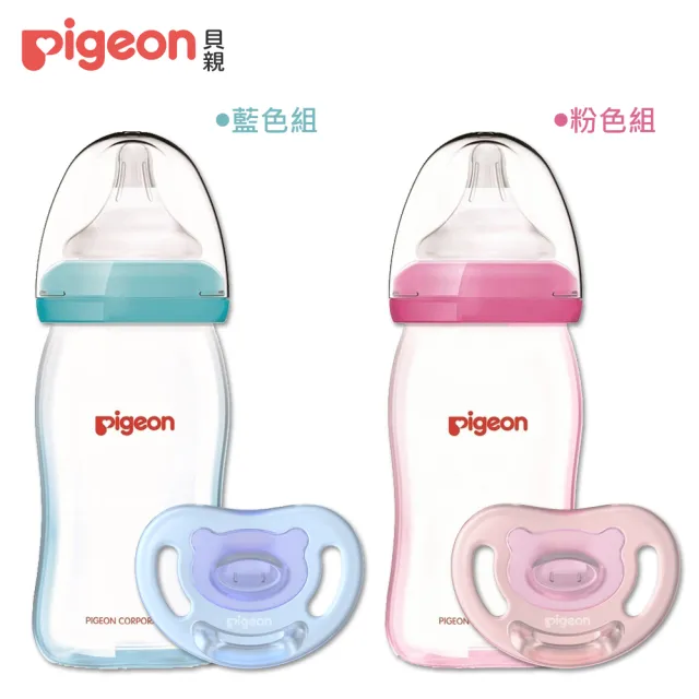 【Pigeon貝親 官方直營】矽膠護層母感玻璃奶瓶160ml+全矽膠安撫奶嘴S(藍色/粉色)