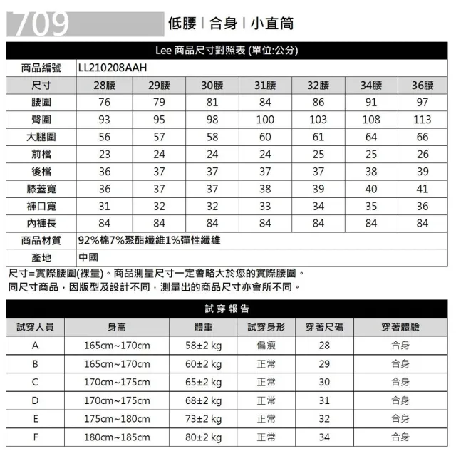 【Lee 官方旗艦】男裝 牛仔褲 / 709 低腰合身小直筒 淺藍洗水(LL210208AAH)