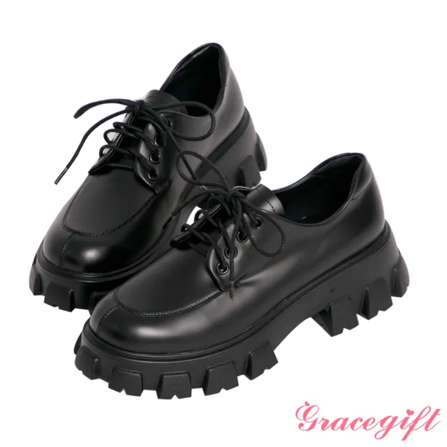【Grace Gift】率性輕量鋸齒厚底牛津鞋(黑)