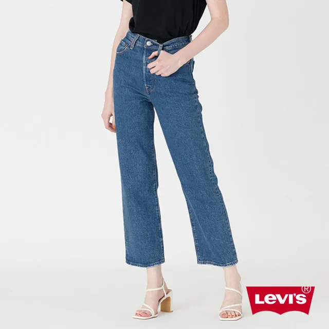 【LEVIS 官方旗艦】女款 Ribcage復古超高腰排釦直筒牛仔長褲/精工中藍染石洗/有機面料/彈性/及踝 熱賣單品