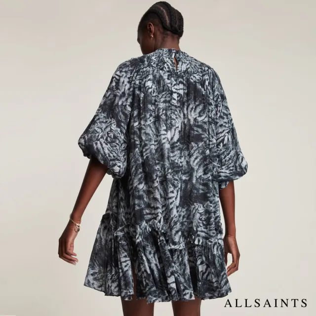 【ALLSAINTS】ARILA GRIZEDALE 輕薄動物紋印花人造絲連身裙短洋裝-灰 WD026V(舒適版型)