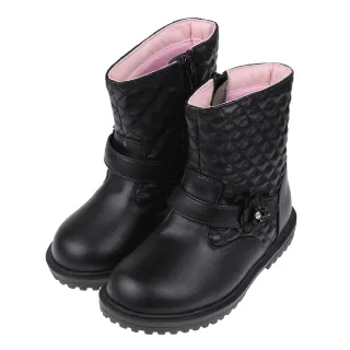 【布布童鞋】帥氣格菱紋花朵黑色皮質兒童短靴(K1V083D)