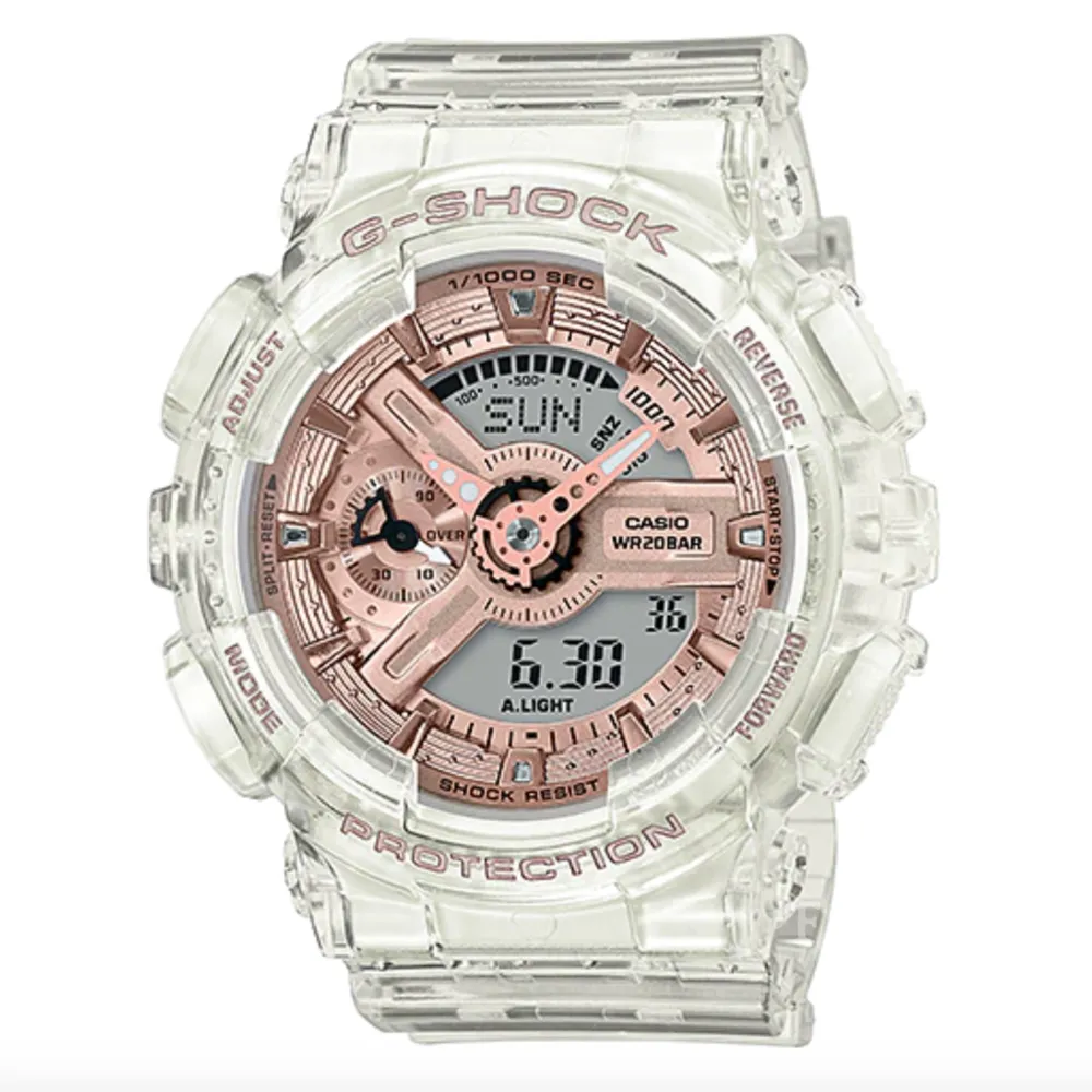 【CASIO 卡西歐】G-SHOCK 小巧時尚半透明玫瑰金錶盤指針數位雙顯錶(GMA-S110SR-7A 世界時間 抗磁)