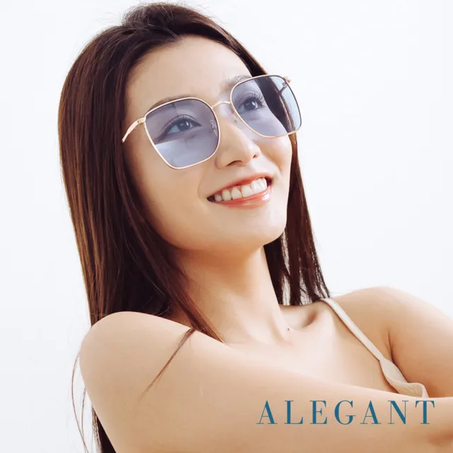 【ALEGANT】時尚格調天青藍幾何線條金色方框墨鏡/UV400太陽眼鏡(半月灣的水清沙幼)