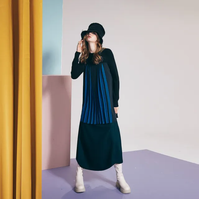 【ICHE 衣哲】Cop.Copine 法國原裝進口造型落肩洋裝-知識黑與藍