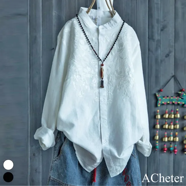 【ACheter】原創設計文藝復古棉襯重工刺繡立領襯衫#111651現貨+預購(2色)