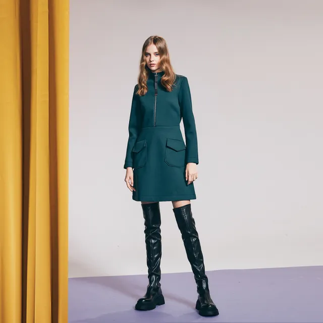 【ICHE 衣哲】Cop.Copine 法國原裝進口立領長袖洋裝-黛綠
