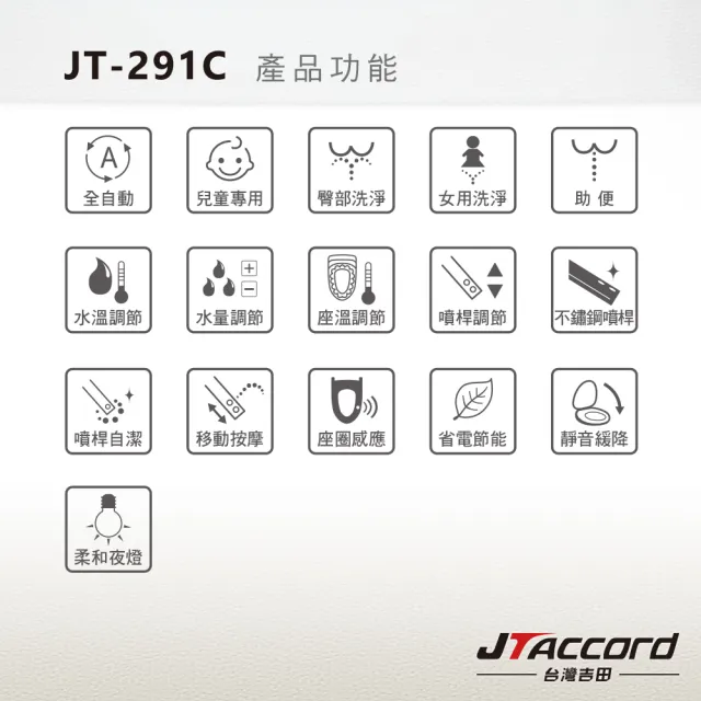 【JTAccord 台灣吉田】儲熱式省電溫水洗淨免治馬桶便座JT-291C(標準版型/未含安裝)
