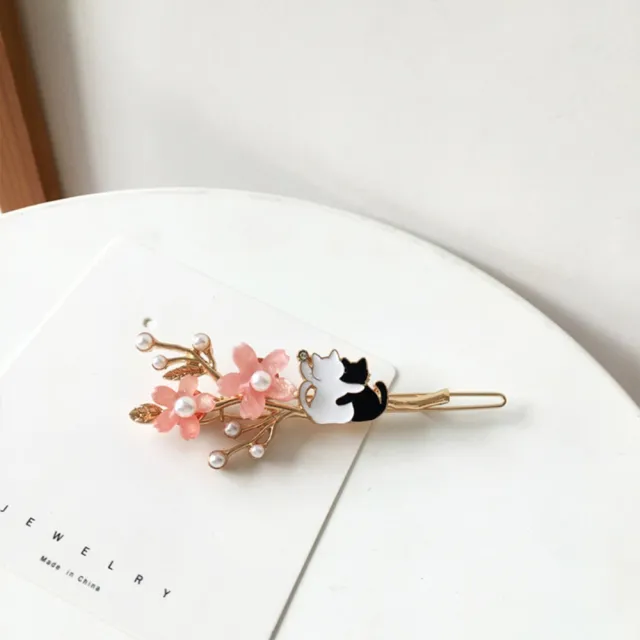 【MISA】韓國設計唯美粉色花朵可愛貓咪造型髮夾(可愛髮夾 貓咪髮夾 花朵髮夾)