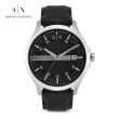 【A|X Armani Exchange 官方直營】Hampton 灰線壓字時尚手錶 黑色真皮錶帶 46MM AX2101